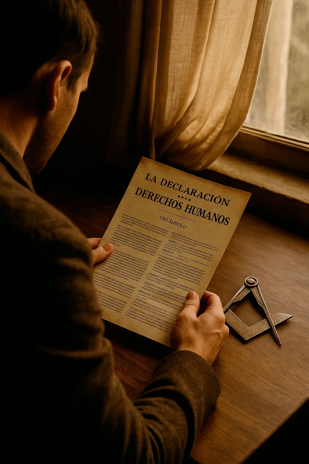 Cómo ser masón en España: derechos humanos, símbolo y conciencia Manos de un hombre leyendo la Declaración de los Derechos Humanos en español junto a una escuadra y un compás sobre una mesa de madera.