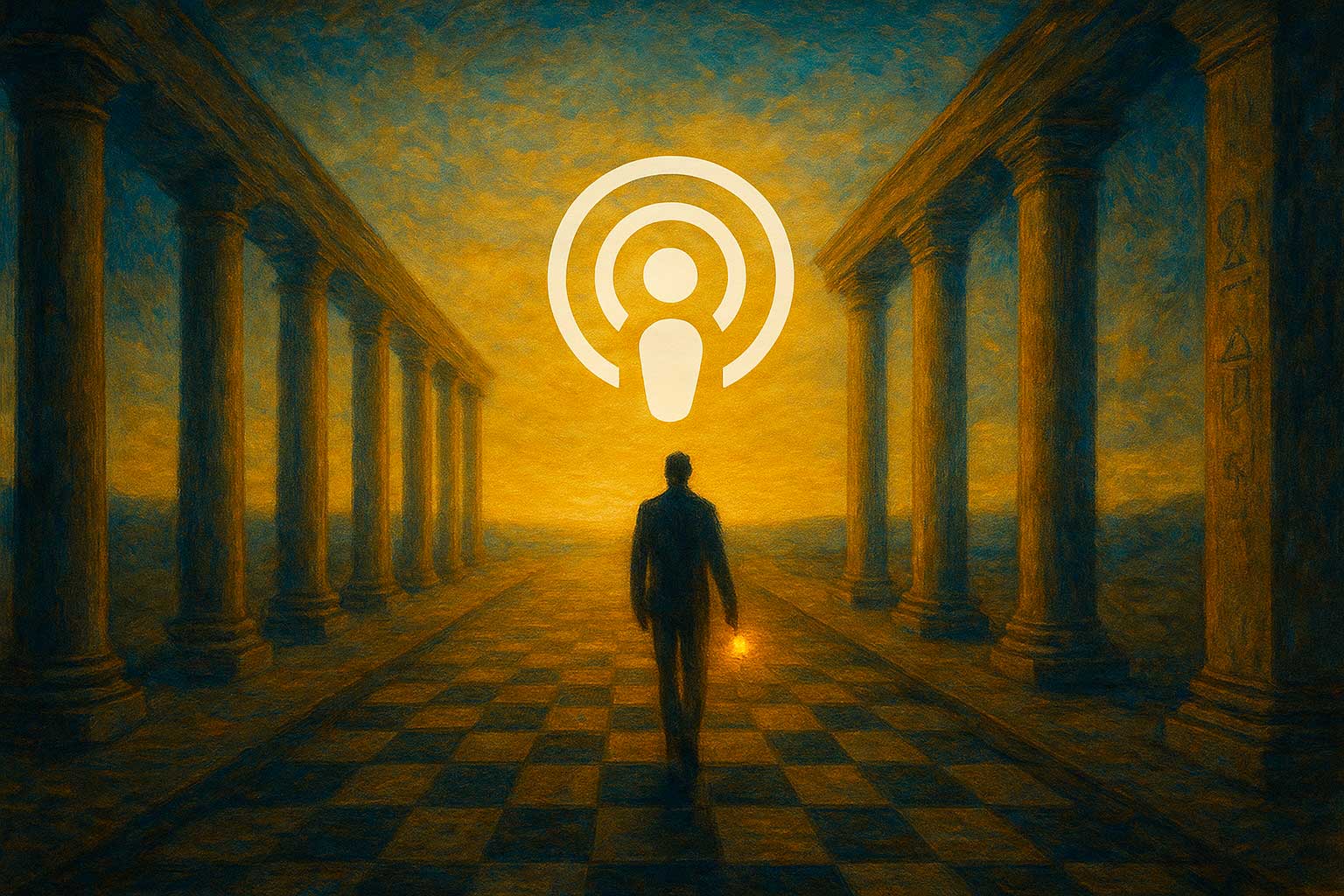Figura solitaria avanza sobre un suelo ajedrezado entre columnas, con un símbolo de pódcast masónico en el cielo. Metáfora visual del camino iniciático.