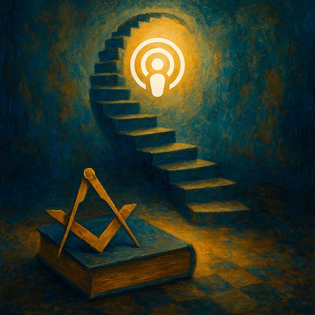 Escalinata simbólica iluminada por el símbolo del pódcast, con escuadra y compás masónicos sobre un libro. Imagen evocadora del conocimiento en la masonería.