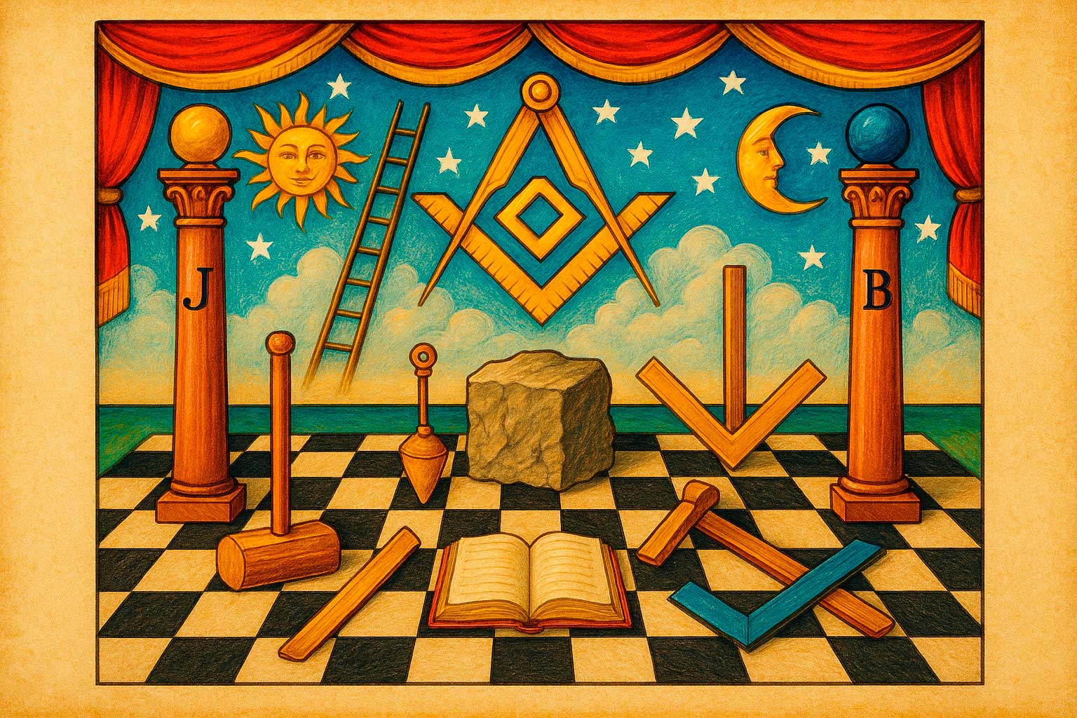 Cuadro de logia con símbolos masónicos bajo cielo estrellado: columnas J y B, escuadra y compás, piedra bruta, herramientas, sol, luna y una escalera hacia las nubes.