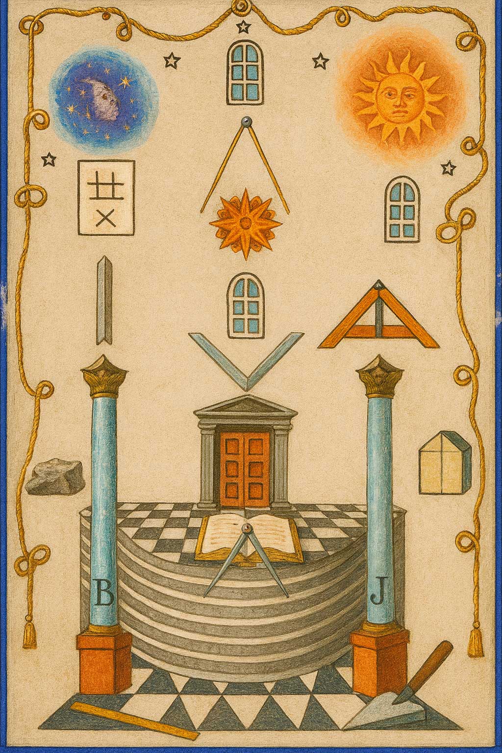 Simbolismo masónico estilizado en clave arquitectónica Imagen estilizada con símbolos masónicos: columnas, templo, compás y escuadra, sol y luna, piedra bruta y elementos arquitectónicos sobre damero.
