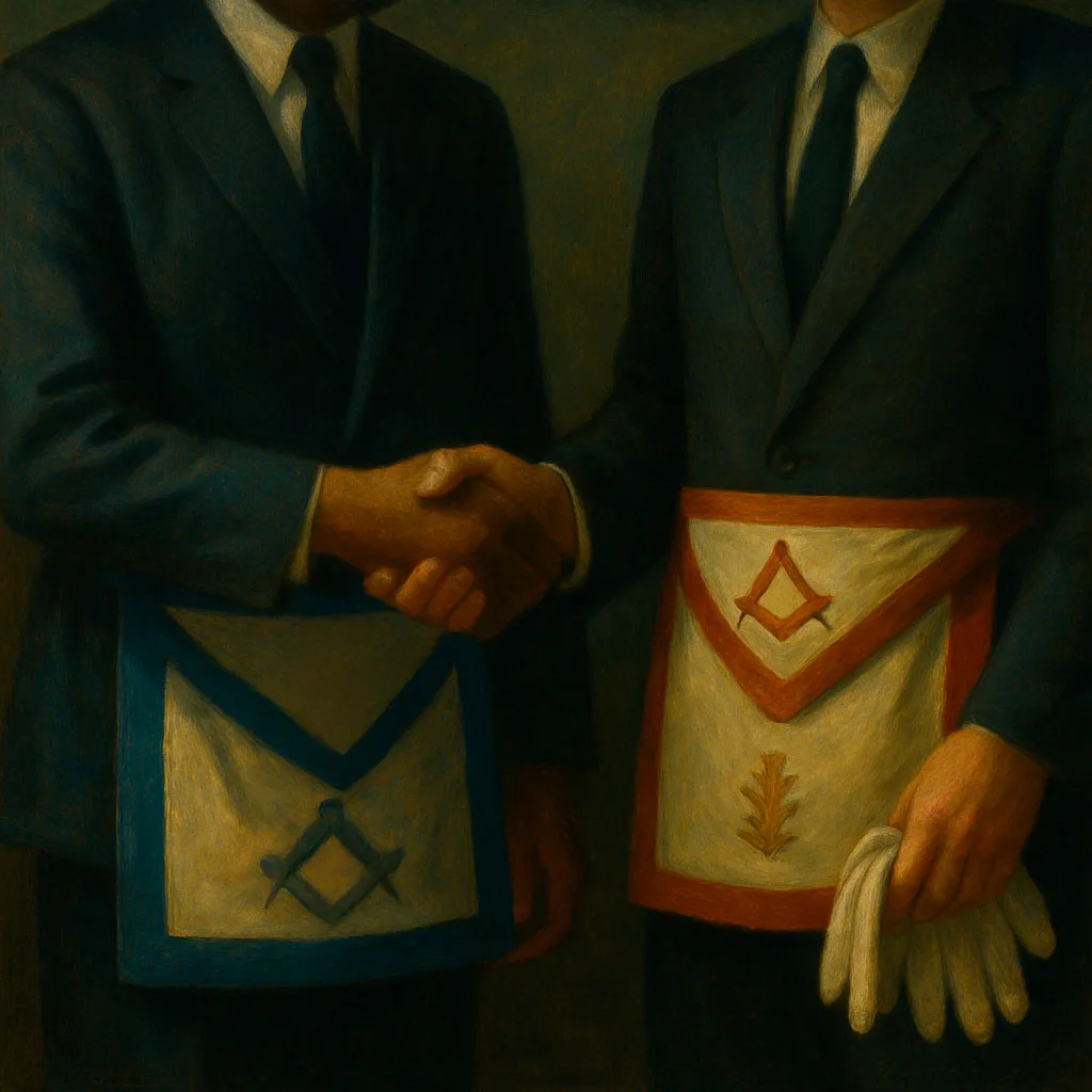 Dos masones de diferentes orígenes se estrechan la mano, con mandiles masónicos visibles y guantes en la mano, en un gesto de fraternidad y diversidad