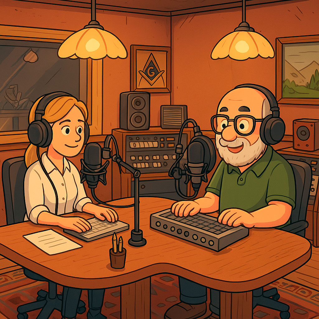 Grabación del podcast masónico Entre columnas con una mujer y un hombre en un estudio decorado con símbolos masónicos