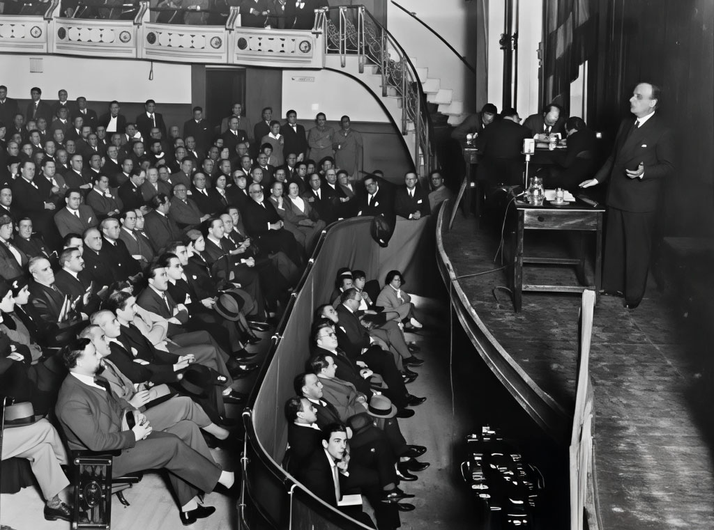 Conferencia de Ortega y Gasset ante un auditorio lleno