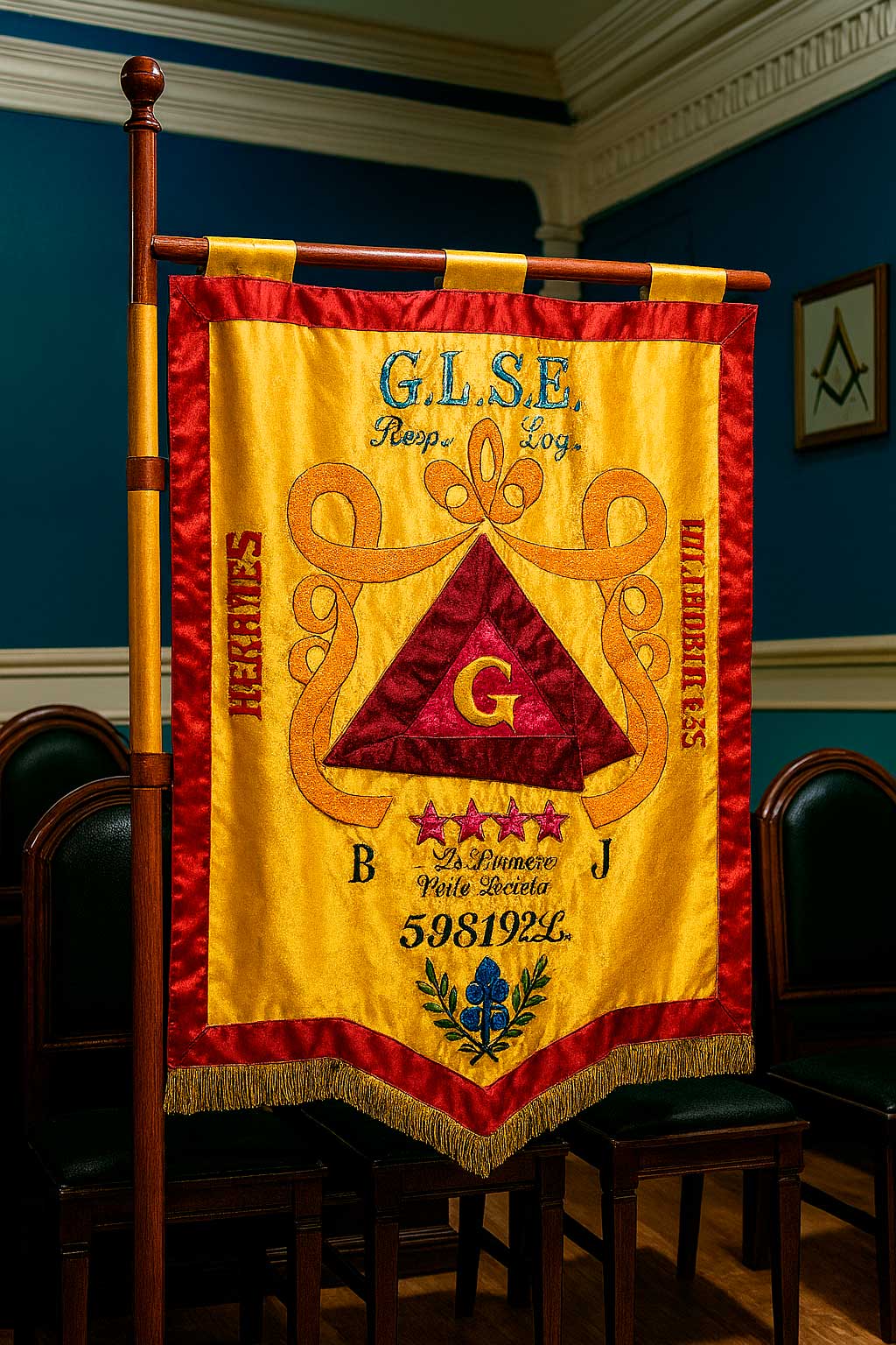 Recreación Estandarte de la logia Hermes en un templo masónico de Madrid, símbolo de la historia masónica de Madrid