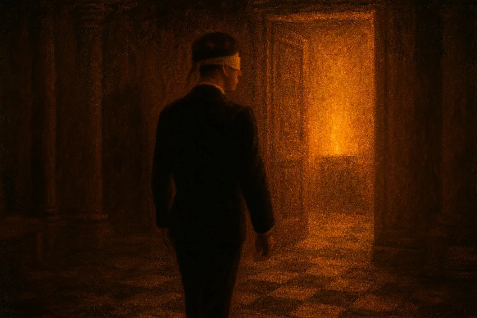 Hombre con los ojos vendados caminando hacia una puerta iluminada, simbolizando el tránsito iniciático en la masonería
