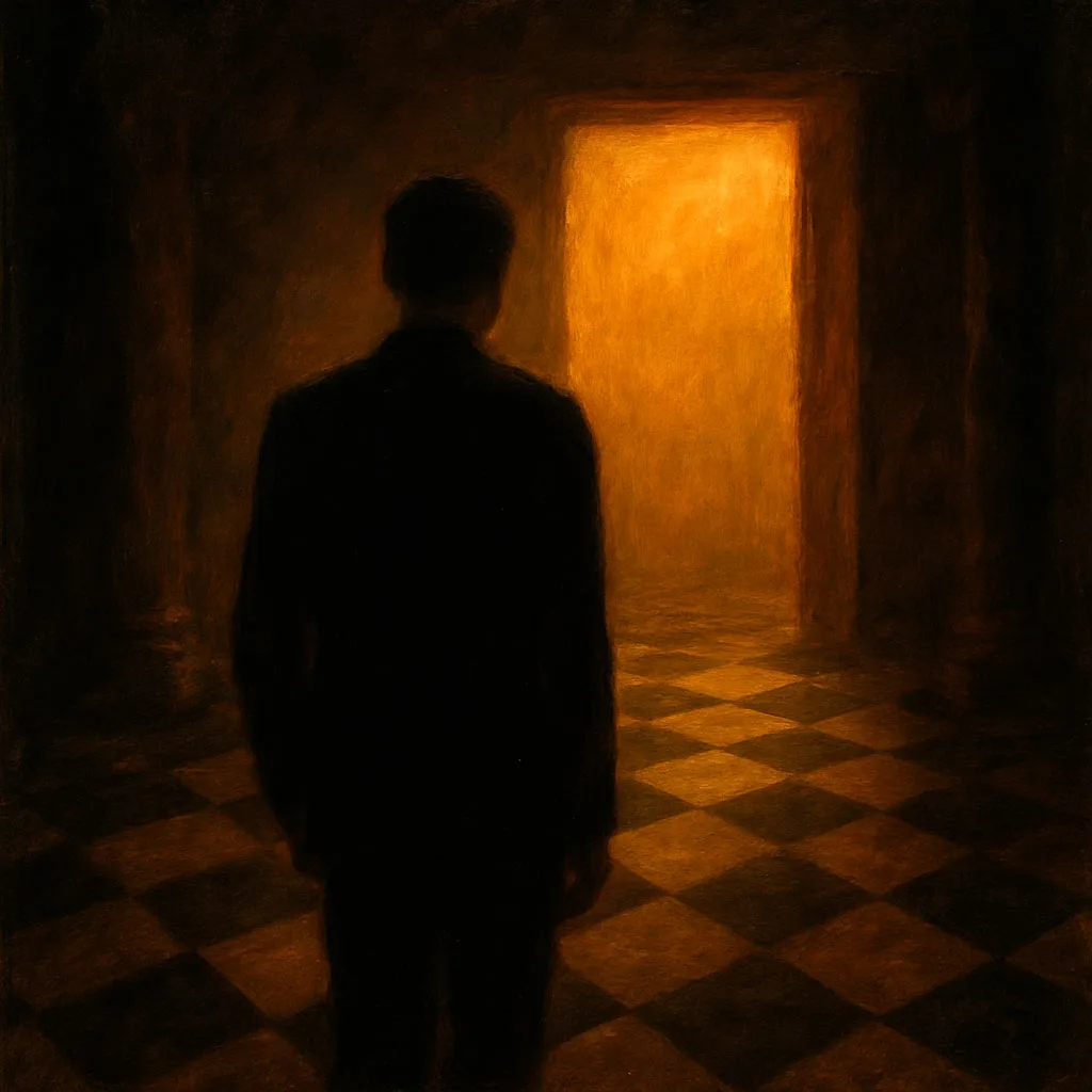 El umbral iniciático y la búsqueda de la luz Hombre de espaldas frente a una puerta de luz, símbolo del paso iniciático masónico