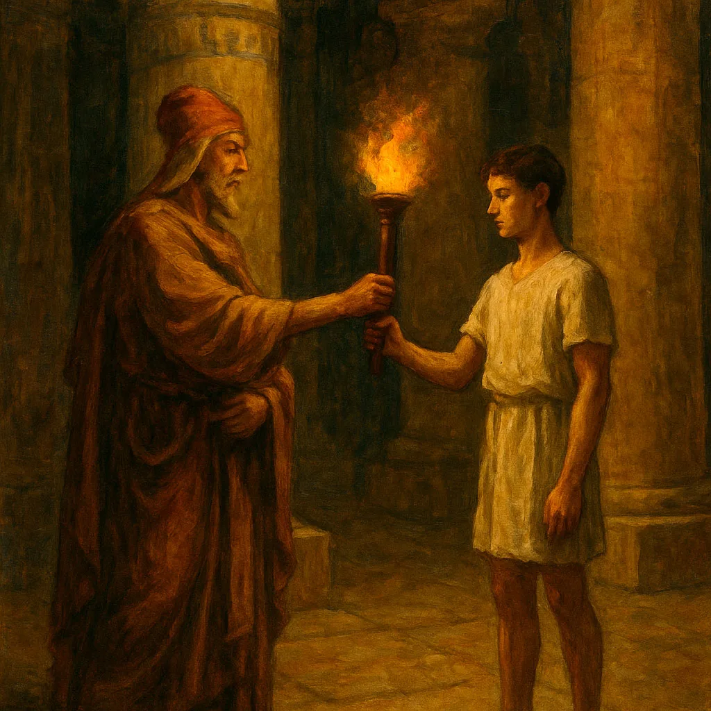 La transmisión del conocimiento iniciático Anciano entrega una antorcha encendida a un joven en un entorno clásico, símbolo del rito de paso