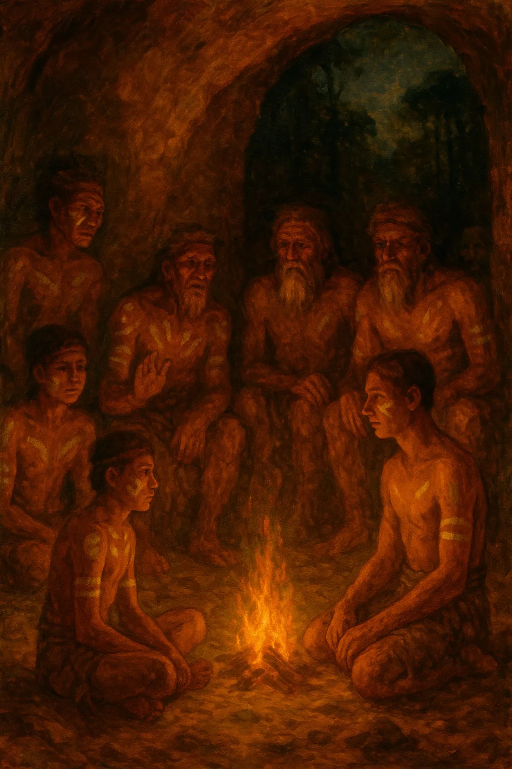 Rito ancestral de iniciación junto al fuego Grupo de ancianos rodea a jóvenes en una cueva, realizando un rito iniciático en torno al fuego