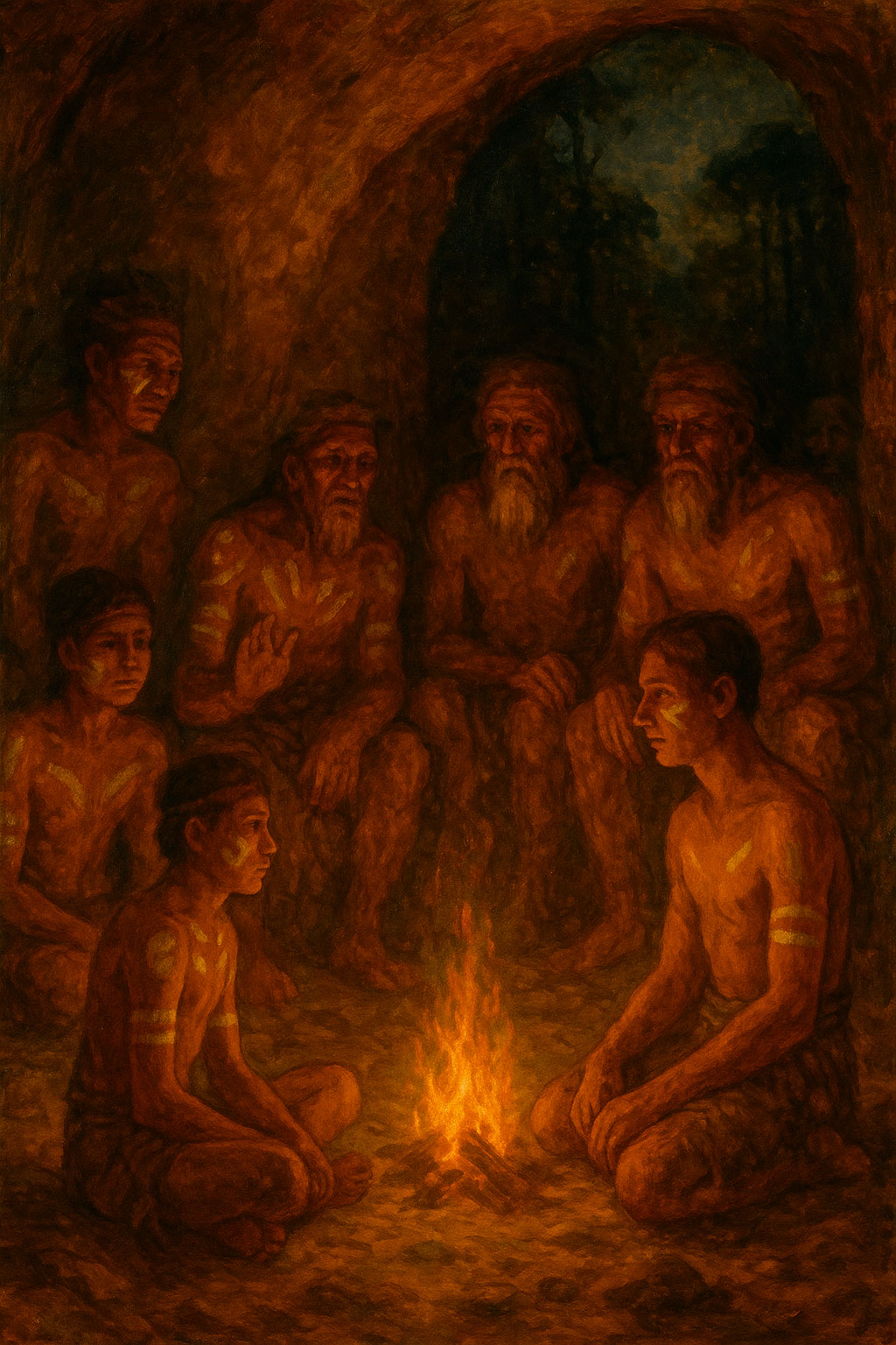 Grupo de ancianos rodea a jóvenes en una cueva, realizando un rito iniciático en torno al fuego
