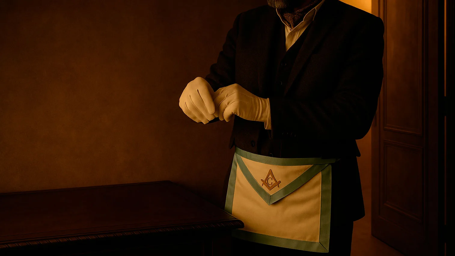 Masón vistiéndose con guantes blancos y mandil del Rito Francés, junto a una joya masónica