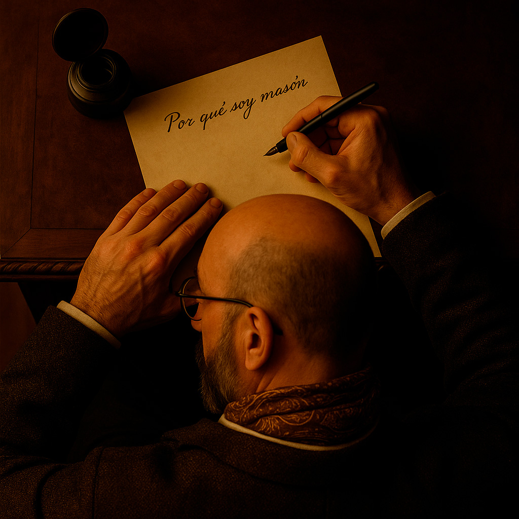 Plano cenital de un hombre con barba escribiendo con pluma en un escritorio antiguo la frase “Por qué soy masón”. La imagen refleja la introspección y el valor del testimonio personal en la masonería.