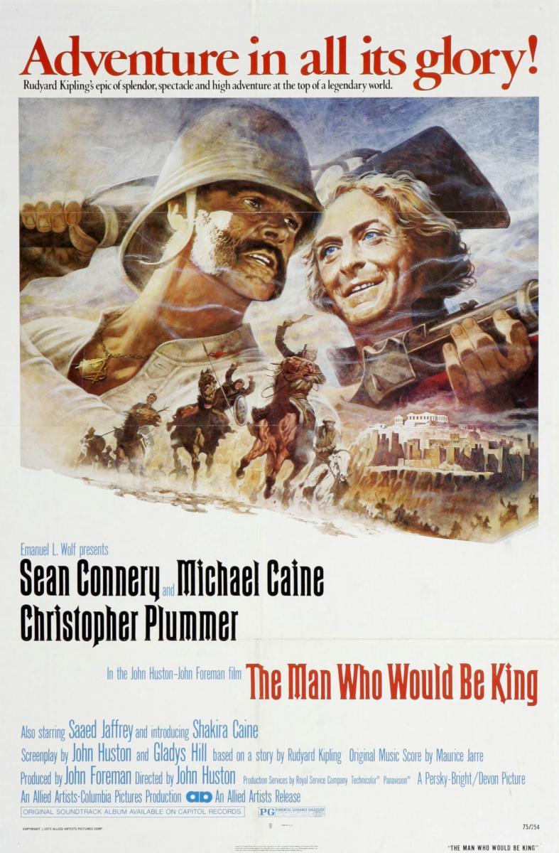 Cartel de El hombre que pudo reinar Cartel de “The Man Who Would Be King” con ilustración de aventura y personajes armados.