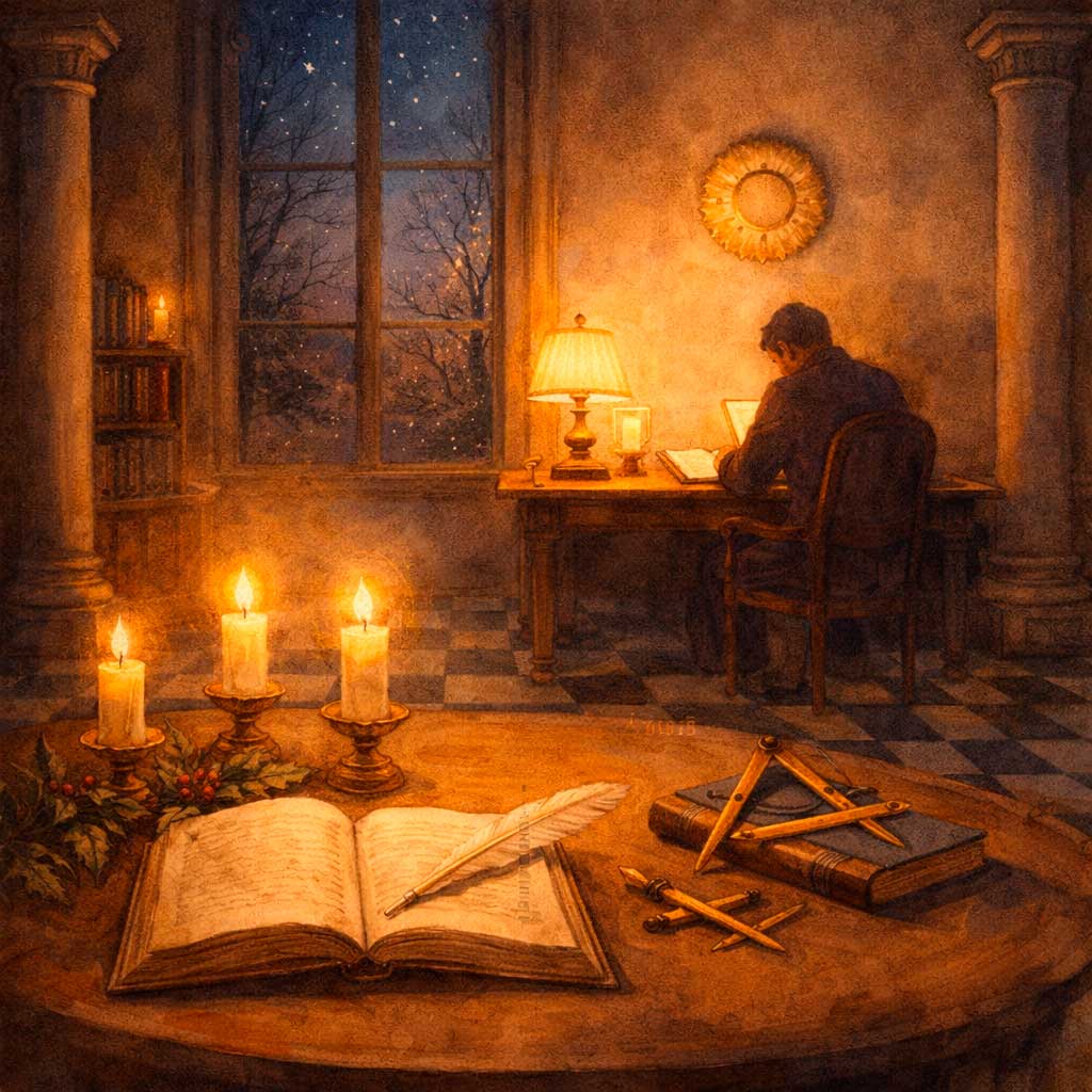 Solsticio de invierno: vigilia a la luz de las velas Ilustración de una vigilia del solsticio de invierno con velas, libro abierto y una persona escribiendo junto a una ventana estrellada.