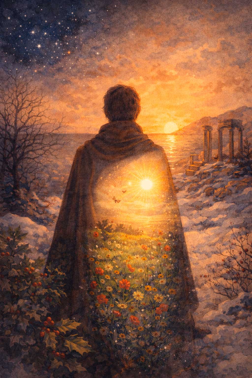 Solsticio de invierno: el regreso de la luz al amanecer Ilustración de una figura con capa observando el amanecer en el solsticio de invierno, con cielo estrellado, mar y ruinas al fondo.