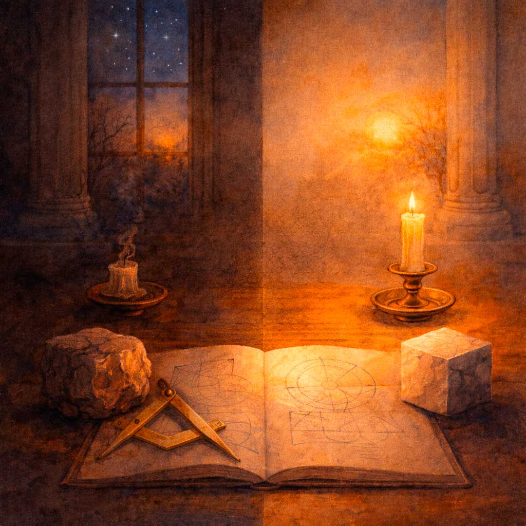 Solsticio de invierno: luz, geometría y símbolos Ilustración del solsticio de invierno con libro abierto y trazos geométricos, velas encendidas y herramientas simbólicas sobre una mesa.