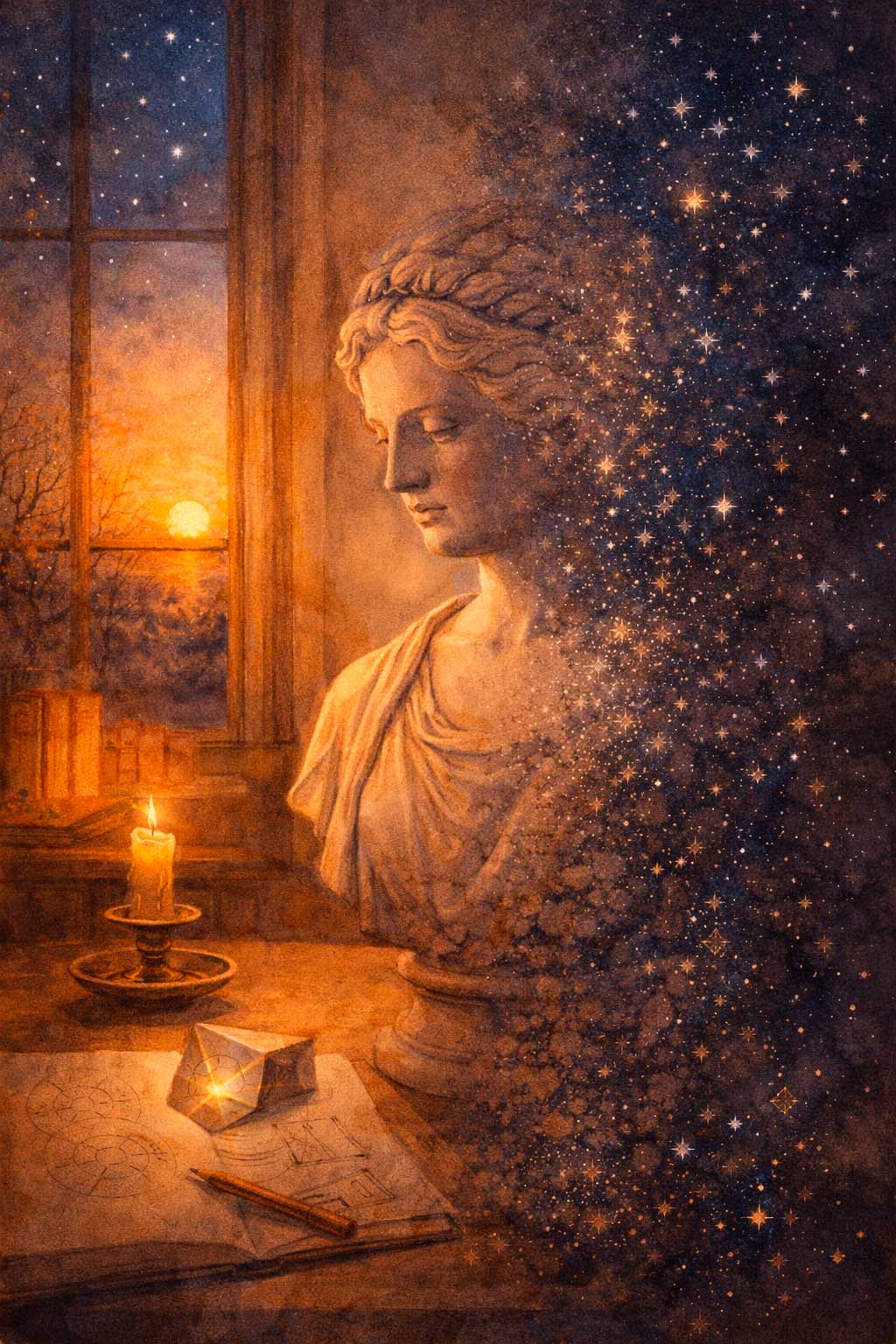 Solsticio de invierno: contemplación entre estrellas y luz Ilustración de un busto clásico junto a una vela, con cielo estrellado y motivos geométricos, evocando el solsticio de invierno.