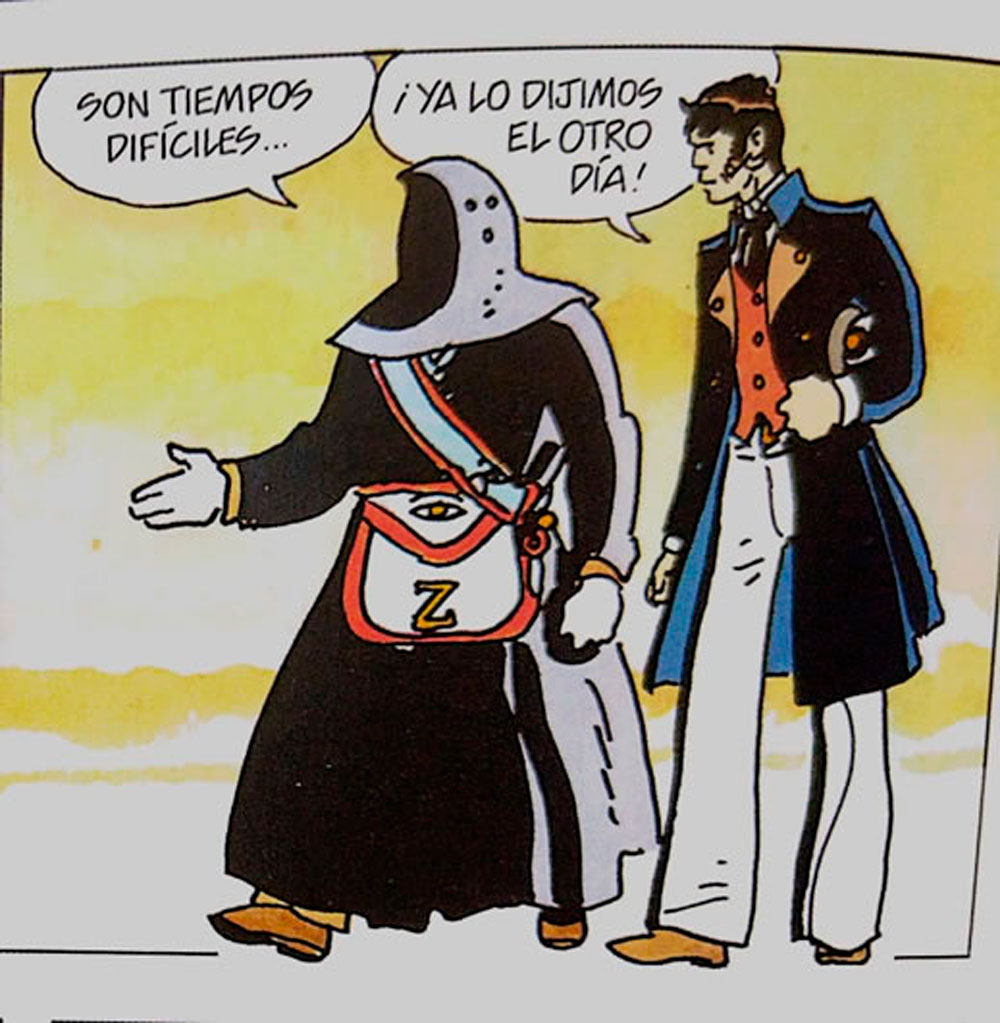 Mandil y guantes masónicos sobre una mesa, con hermanos difuminados al fondo durante el ágape