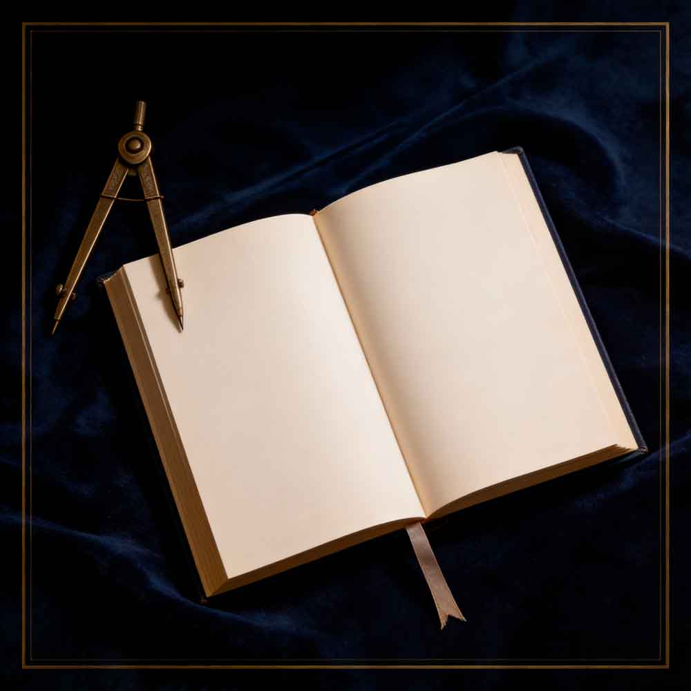 45-aniversario-de-la-GLSE-003 Mandil y guantes masónicos sobre una mesa, con hermanos difuminados al fondo durante el ágape