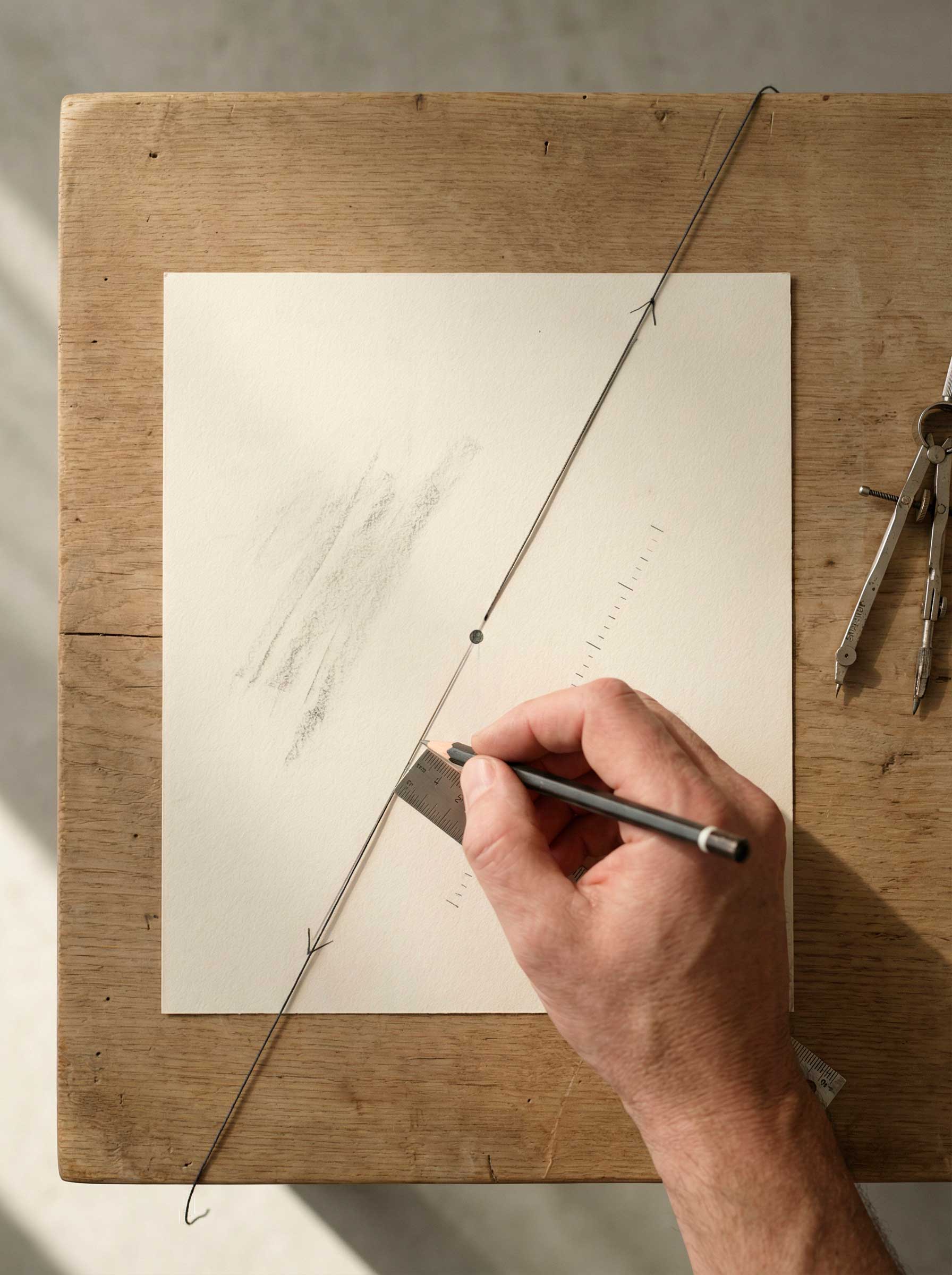 Geometría iniciática: del punto a la recta Mano trazando una recta con regla siguiendo un hilo tensado que pasa por un punto, Geometría Iniciática.