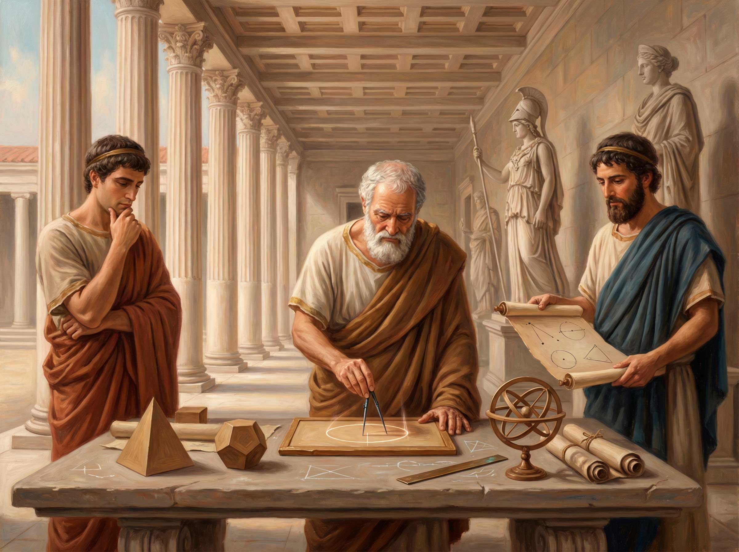 Maestro y discípulos con compás, sólidos y diagramas en un pórtico clásico, Geometría Iniciática.