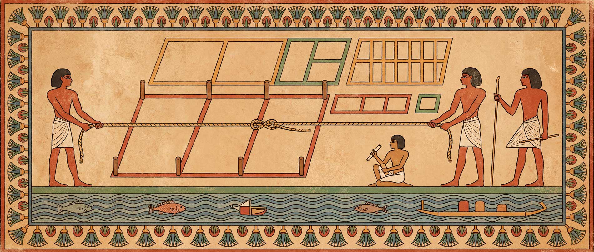 Egipto y la geometría de los agrimensores Agrimensores egipcios midiendo parcelas con cuerda tras la crecida del Nilo, Geometría Iniciática.
