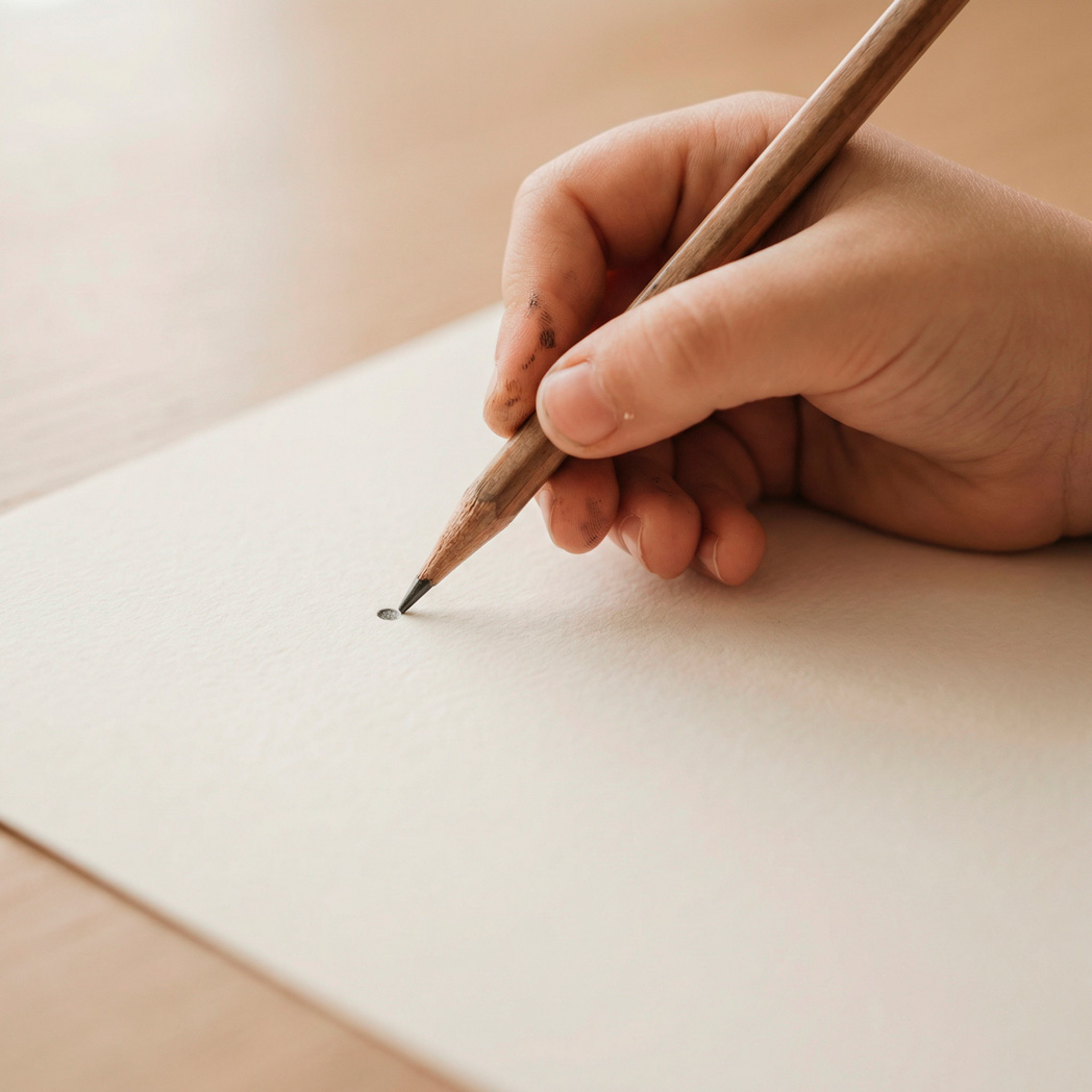 Geometría iniciática: el punto primigenio Mano infantil dibujando un punto con lápiz sobre papel, inicio de la Geometría Iniciática.